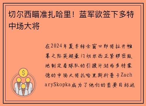 切尔西瞄准扎哈里！蓝军欲签下多特中场大将