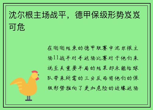 沈尔根主场战平，德甲保级形势岌岌可危