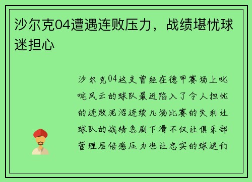沙尔克04遭遇连败压力，战绩堪忧球迷担心